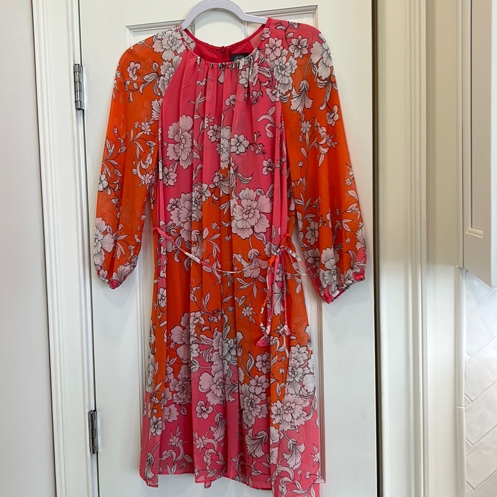 Vince Camuto Pink and Orange Floral Dress w/ Sheer Floral 3 Quarter Sleeves sz.4